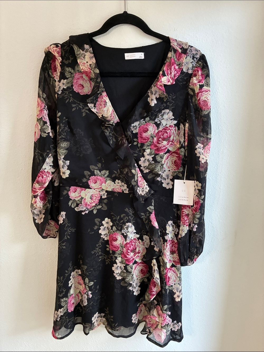 LC Lauren Conrad Black Floral Wrap Dress with Pink and Cream Roses